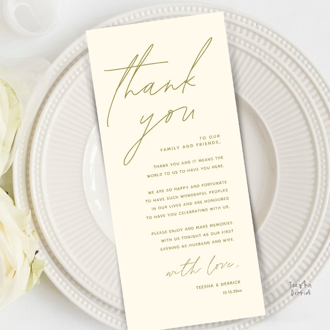Modern Minimal Bröllopsfest Tacksamhetskort Program (Modern Minimal Wedding Reception Dinner Brunch Lunch Thank You Card in Yellow Gold)
