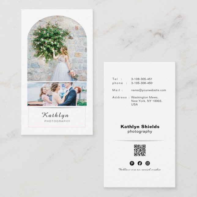 Modern Minimal Bröllopsfotograf Foto vertikalt Visitkort (Fram/baksida)
