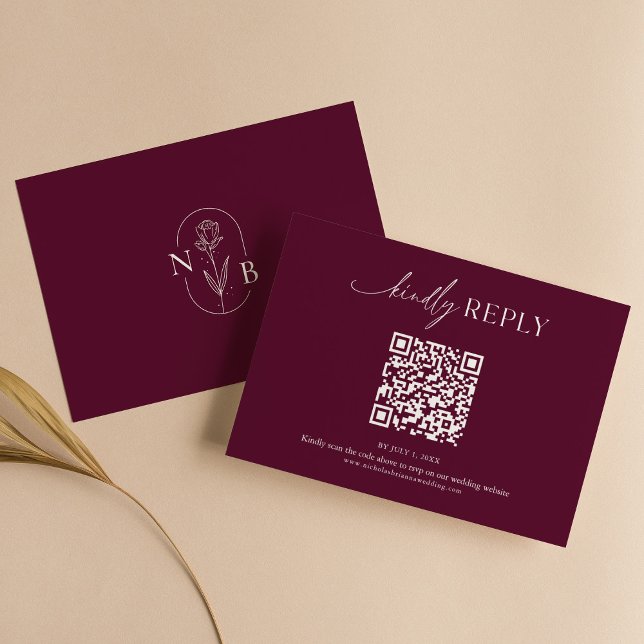 Modern Minimal Burgundy Boho Wedding QR Code OSA Kort (Skapare uppladdad)