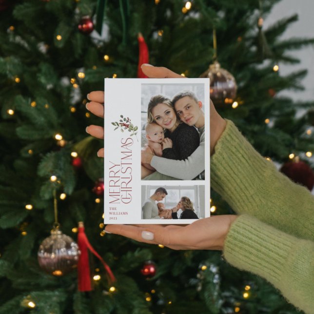 Modern Minimal Burgundy Merry Typography 2-foto Julkort (Skapare uppladdad)