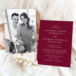 Modern Minimal Burgundy Photo Bröllop Inbjudningar