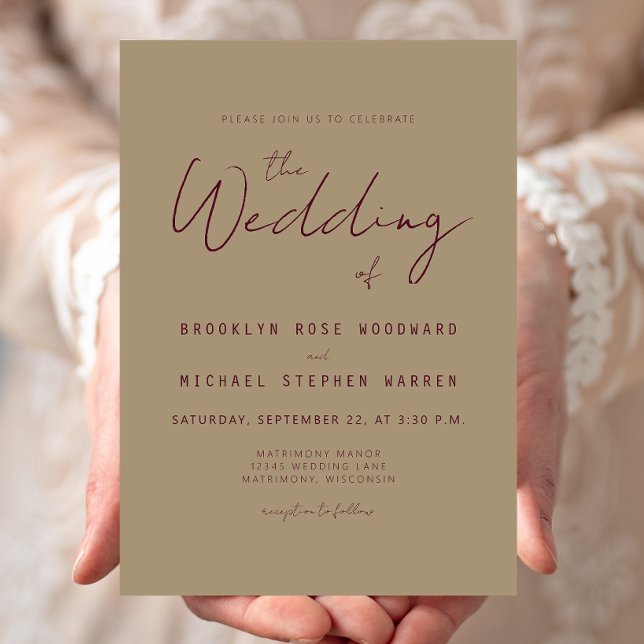 Modern Minimal Burgundy-skript Guld Bröllop Inbjudningar (Skapare uppladdad)