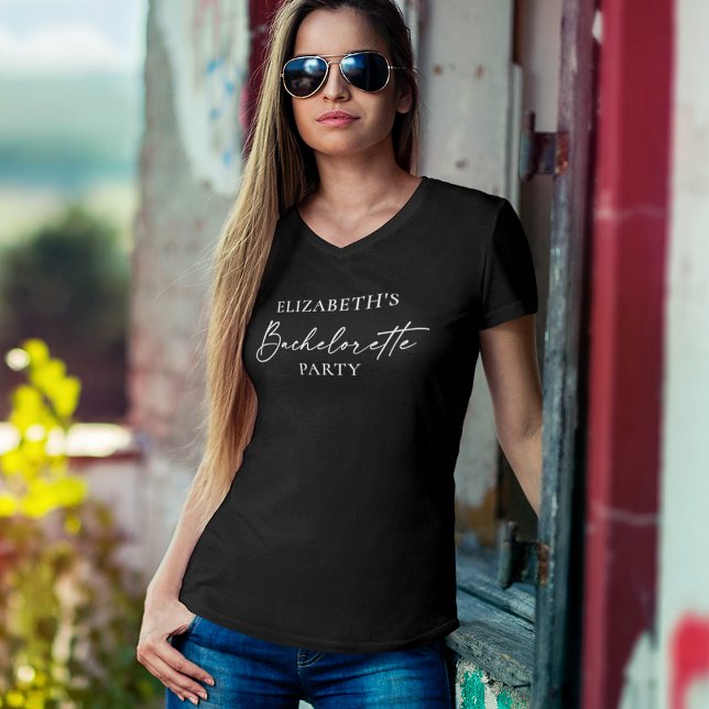 Modern minimal calligrafi Bläck Bachelorette V T Shirt (Customize to change your personalized text size or text style. Many colors of shirts to choose from.)