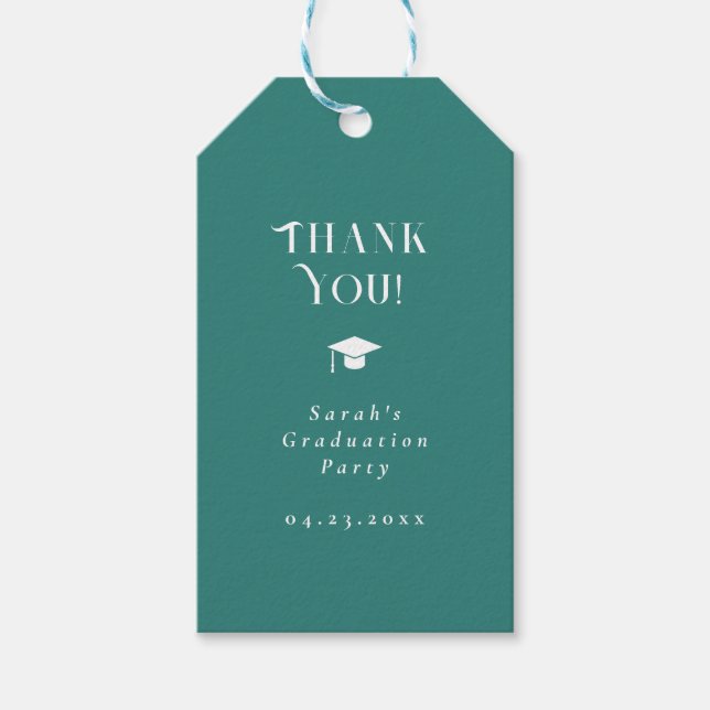 Modern Minimal Chic Script Graduation Party Teal Presentetikett (Framsidan)