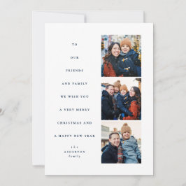 Modern minimal Christmas tree three photo navy Julkort