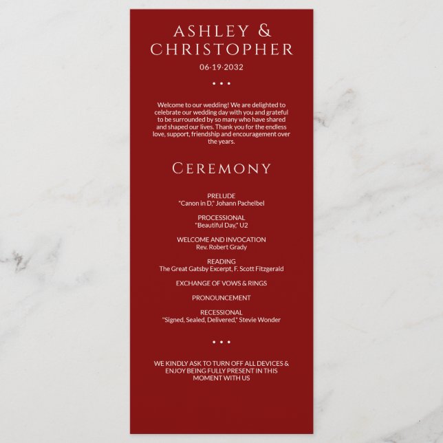 Modern Minimal Crimson Red Bröllop Ceremony Program (Framsida)