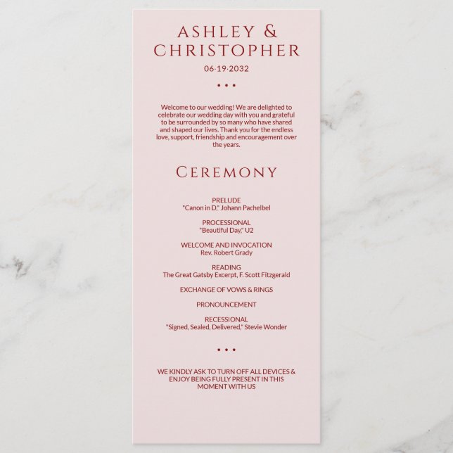 Modern Minimal Crimson & Ro Bröllop Ceremony Program (Framsida)