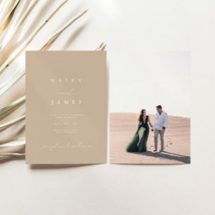 Modern Minimal Dammig Beige Script Foto Bröllop Inbjudningar