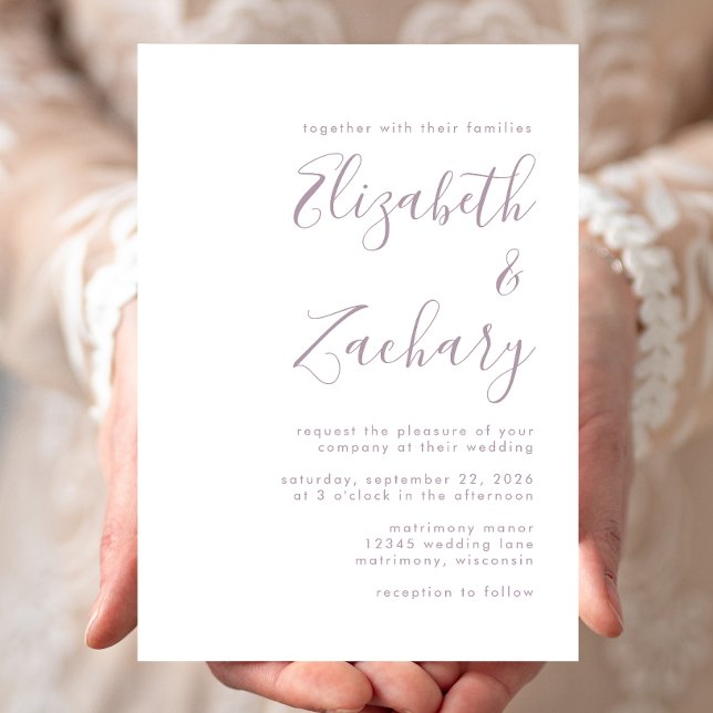 Modern Minimal Dammig Lavendel Script Bröllop Inbjudningar (Skapare uppladdad)