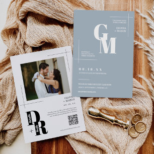 Modern Minimal Dusty Blue Boho Bröllop QR-kod Inbjudningar