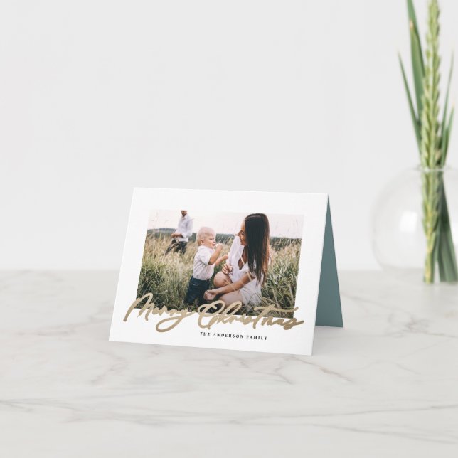 Modern, minimal elegant för fotojul, blått skript helgkort (Framsida)