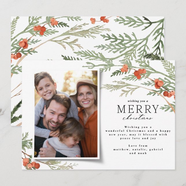 Modern, minimal elegant för fotojul, eukalyptus julkort (Fram/baksida)