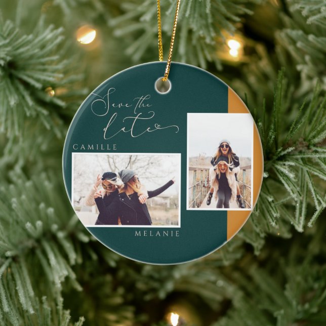 Modern, minimal Elegant Guld&Teal Two Tone 2-foto Julgransprydnad Keramik (Träd)