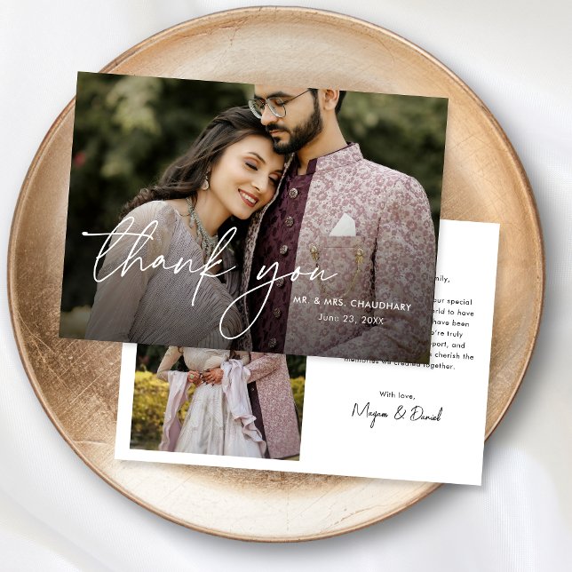 Modern minimal Elegant Hand-frisyrat foto Bröllop Tack Kort (Skapare uppladdad)