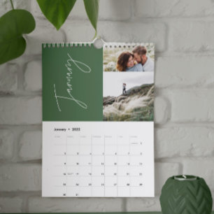 Modern minimal elegant i grönt 2-fotofamilj kalender