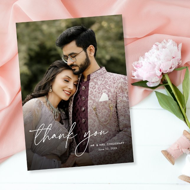 Modern minimal Elegant Lodrät Foto Bröllop Tack Kort (Skapare uppladdad)