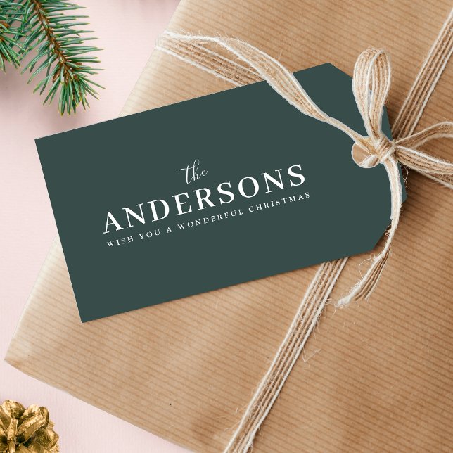Modern minimal Elegant | Mörk Forest Grönt Namn Presentetikett (Custom name Christmas tag design for elegant festive wrapping)
