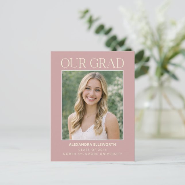 Modern Minimal Elegant Photo Blush Pink Graduation Vykort (Stående Fram)