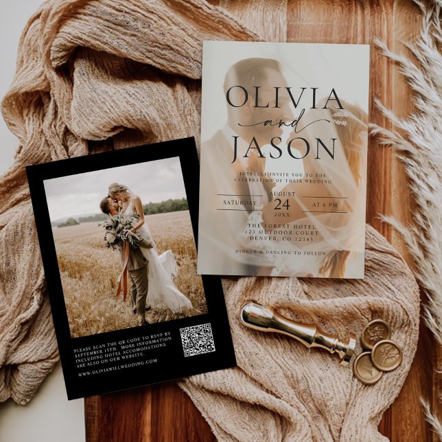 Modern minimal Elegant QR-kodfoto Bröllop Inbjudningar (Skapare uppladdad)