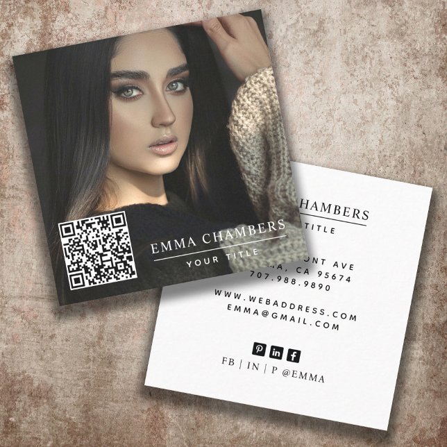 Modern minimal, enkel fotot QR-kod Social-media Fyrkantigt Visitkort (Skapare uppladdad)