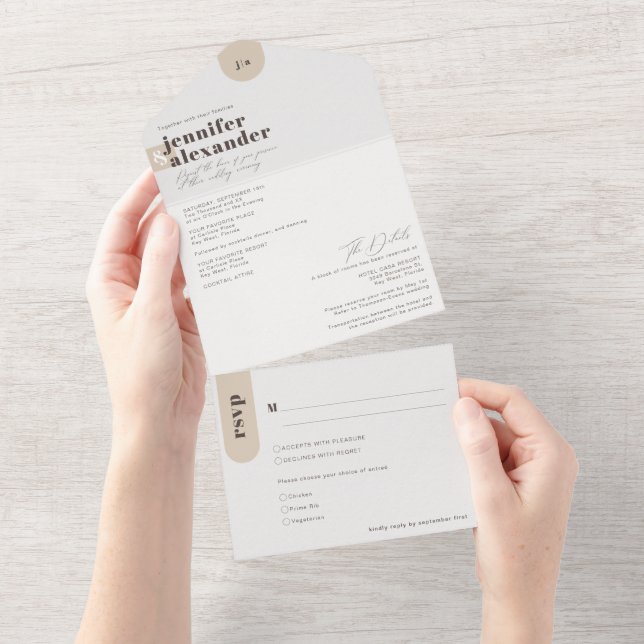 Modern minimal enkel Taupe Bröllop allt i ett inv (Tearaway)