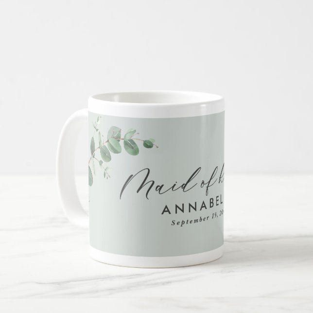 Modern minimal eukalyptus maid of honor bröllop kaffemugg (Framsida vänster)