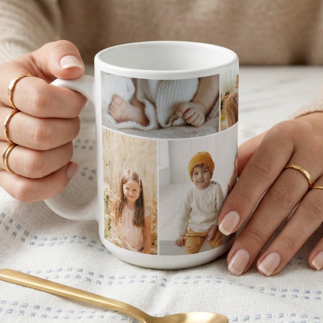 Modern Minimal Familj 8 Bildcollage Minnessak Kaffemugg (Modern Minimal Family 8 Photo Collage Keepsake Coffee Mug)