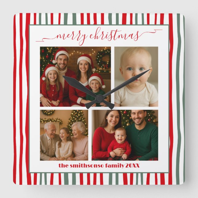 Modern Minimal family Photo merry Christmas Fyrkantig Klocka (Framsida)