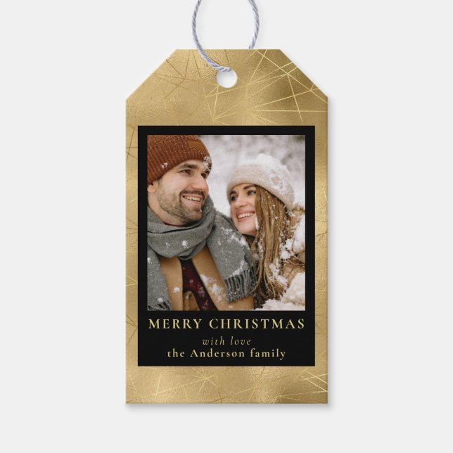 Modern Minimal Faux Guld-julfamiljfoto Presentetikett (Framsidan)