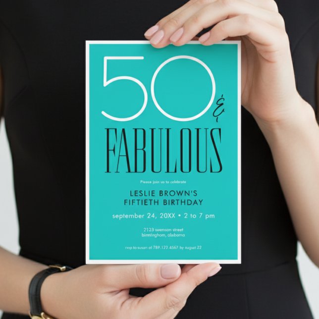 Modern Minimal Fifty Fabulous Bright Aqua Birthday Inbjudningar (Skapare uppladdad)
