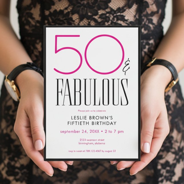 Modern Minimal Fifty Fabulous Pink White Birthday Inbjudningar (Skapare uppladdad)