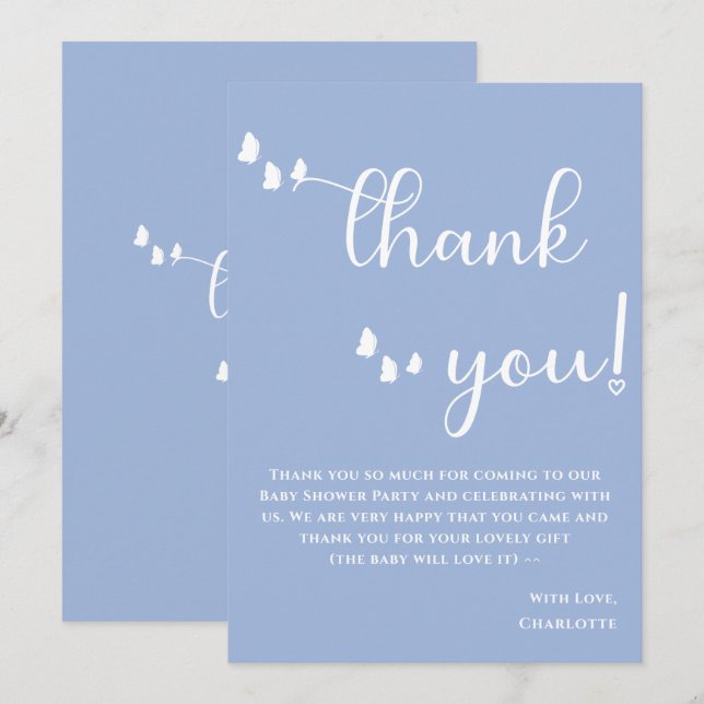 Modern Minimal Fjäril Kalligrafi Baby Shower Tack Kort (Fram/baksida)