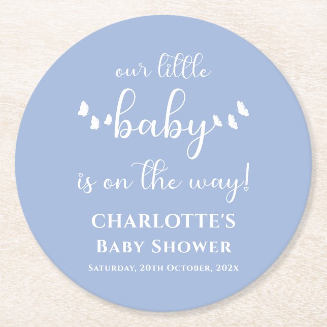 Modern Minimal Fjäril Kalligrafi Baby Shower Underlägg Papper Rund (Framsidan)