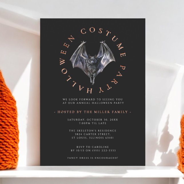 Modern minimal fladdermus Halloween-kostym party Inbjudningar (modern simple clean halloween costume party invitation )