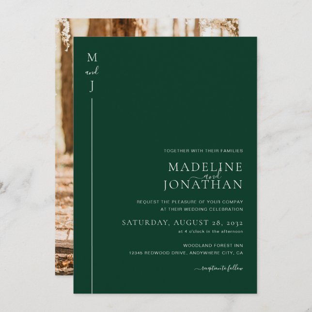 Modern minimal första Grönt Photo Bröllop Inbjudningar (Fram/baksida)