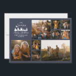 Modern minimal fotokollage Julmarin blå Julkort<br><div class="desc">Modern,  minimal helgdag av skript,  fotokollage marin blått och vitt julkort. Traditionell utformning av Pappa jul Santa och sleigh shilouette.</div>