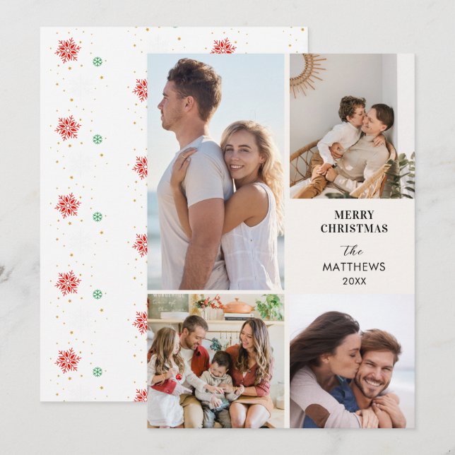 Modern Minimal Four Photo Collage Christmas Julkort (Fram/baksida)