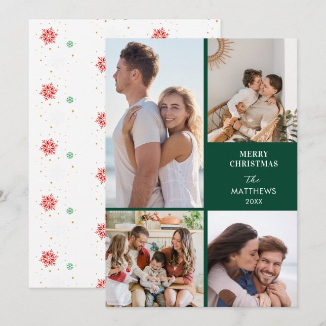 Modern Minimal Four Photo Collage Christmas Julkort (Fram/baksida)