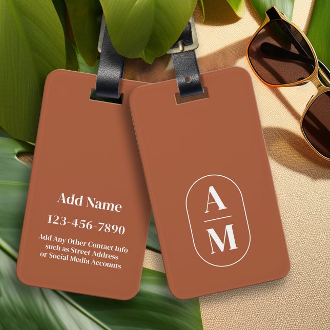 Modern Minimal fyllning Monogram - Terra Cotta Bagagebricka (Custom Luggage Tag - Personalized Bag Tag)