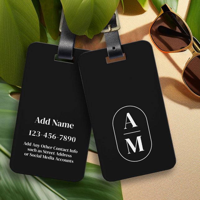 Modern minimal fyllningsmonogram - svart vitt bagagebricka (Custom Luggage Tag - Personalized Bag Tag)