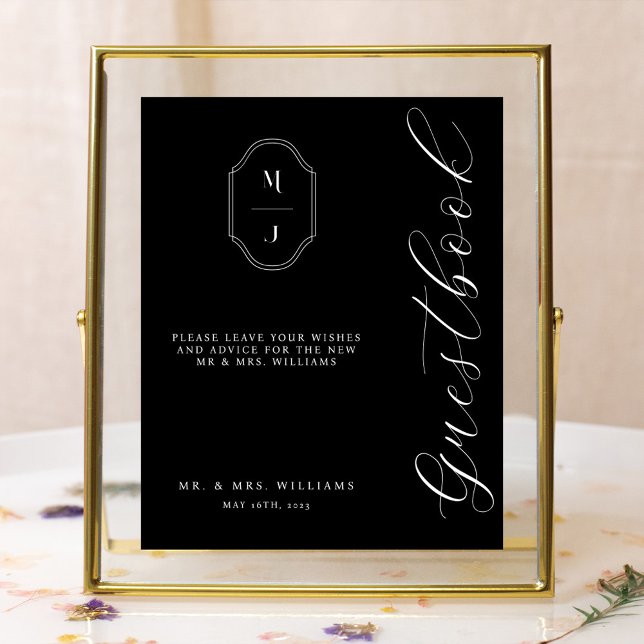 Modern & Minimal Gästboksscript Monogram Svart Poster (Skapare uppladdad)