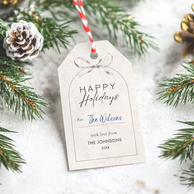 Modern Minimal Glad helg Boho Arch Bow-familj Presentetikett (Elegant neutral Happy Holidays gift tag with bow and arch, plus space to write your recipient name. )