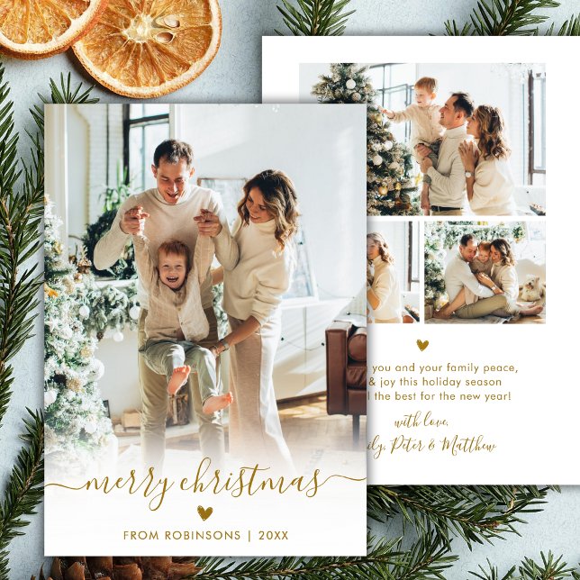 Modern Minimal Gold Script 4 Photo Merry Christmas Julkort (Skapare uppladdad)