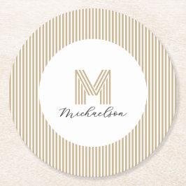 Modern Minimal Gold Stripes Monogram Underlägg Papper Rund