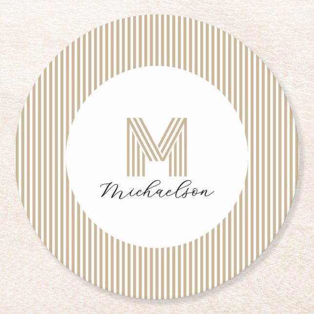Modern Minimal Gold Stripes Monogram Underlägg Papper Rund (Framsidan)
