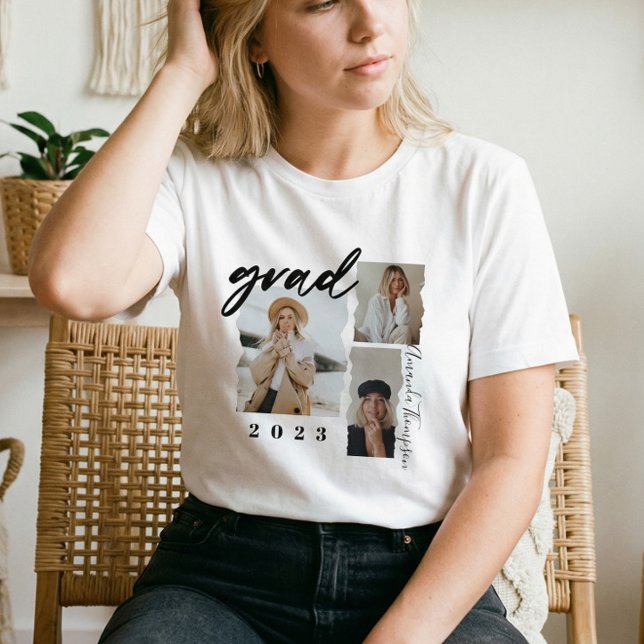 Modern minimal Grad-skript, tre foto Studenten T Shirt (Modern Minimal Script Custom Grad Photo Collage T-Shirt)