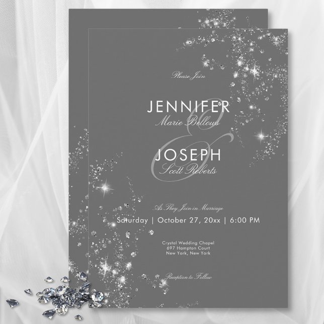 Modern minimal Grått och vita glasdiamanter Bröllo Inbjudningar (Modern Minimal Gray & White Glam Diamonds Wedding Invitation)