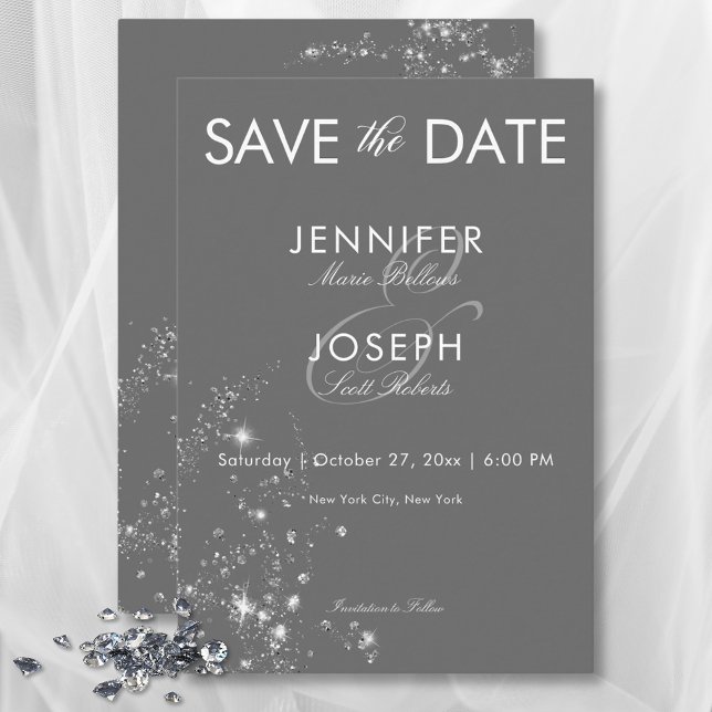 Modern minimal Grått och vita glasdiamanter Bröllo Spara Datumet (Modern Minimal Gray & White Glam Diamonds Wedding Save The Date)