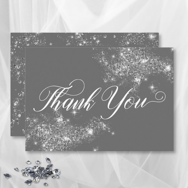 Modern minimal Grått och vita glasdiamanter Bröllo Tack Kort (Modern Minimal Gray & White Glam Diamonds Wedding Thank You Card)
