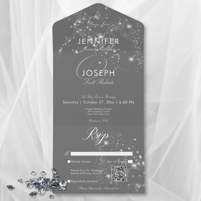 Modern minimal Grått och vita glasdiamanter QR-kod (Modern Minimal Gray & White Glam Diamonds QR Code All In One Invitation)